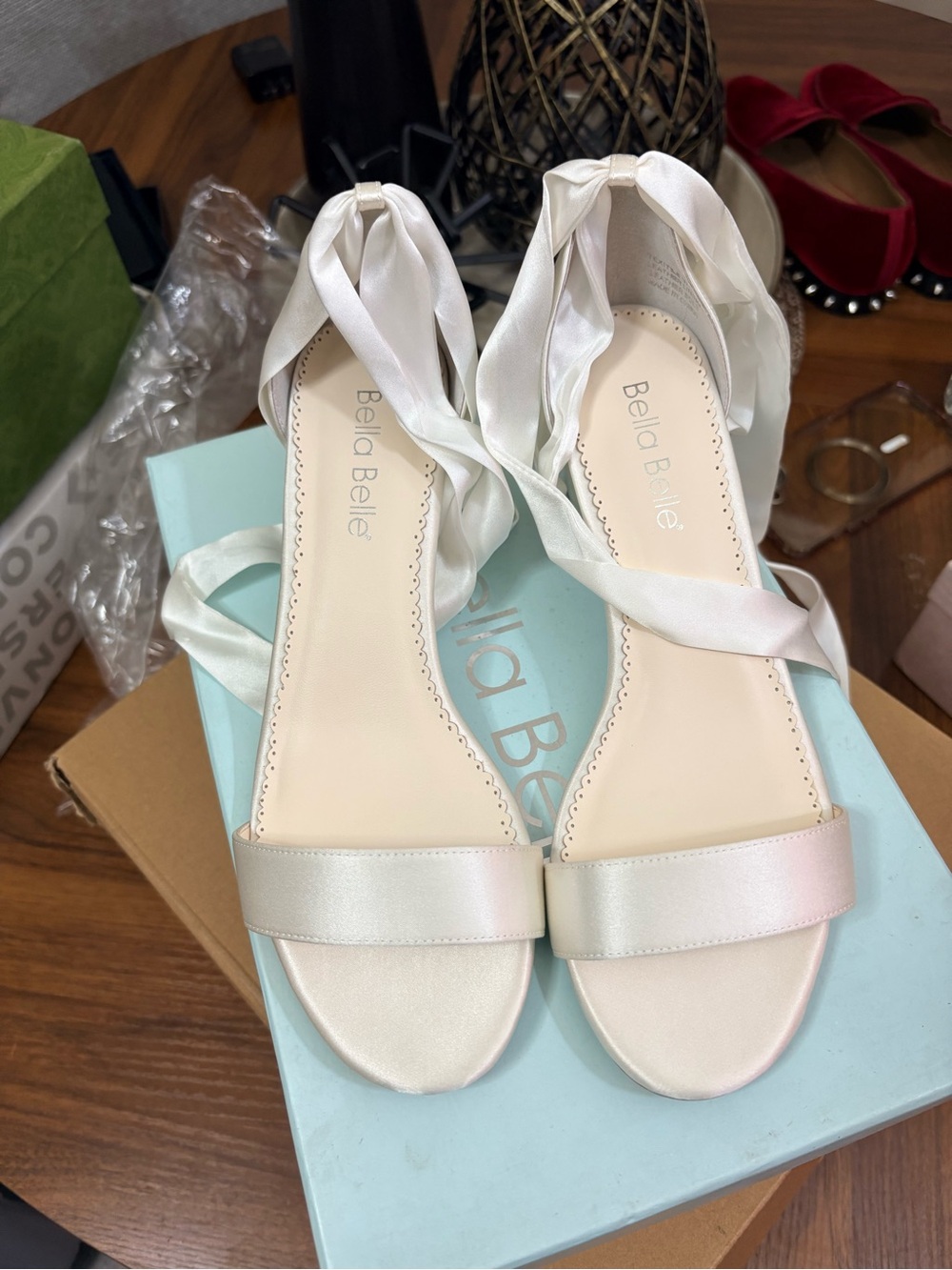La Belle Ivory Satin Ankle-Tie Sandals